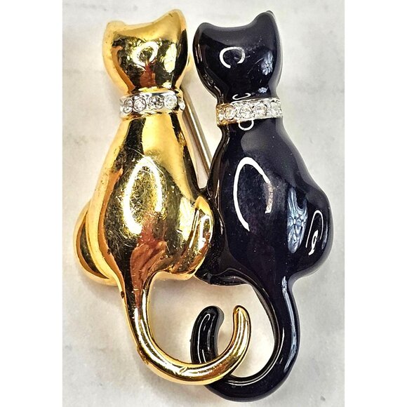 Gold & Black Carolee  Pair of Cats Brooch Pin With Rhinestone Collars - Picture 1 of 5